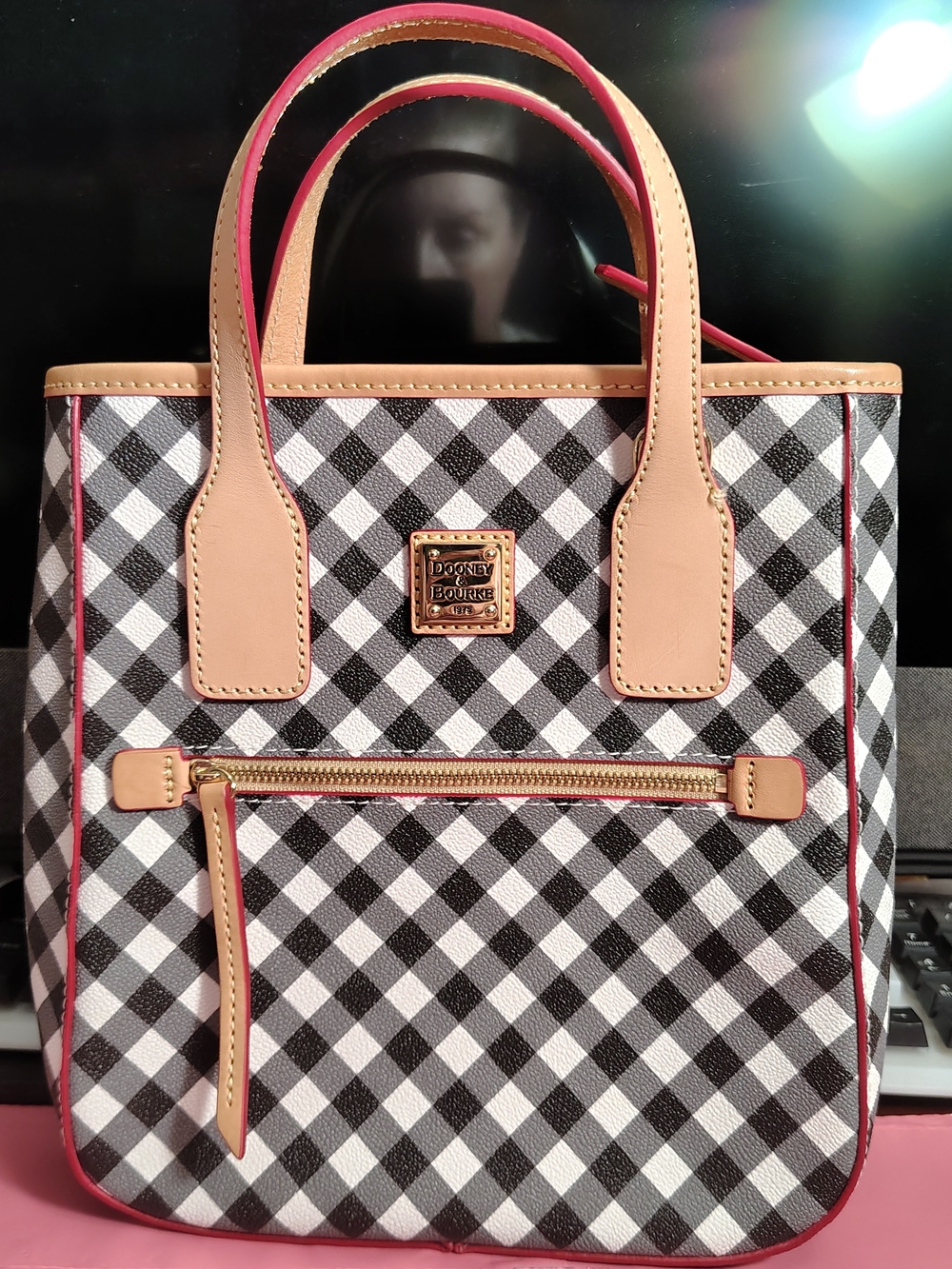Dooney & Bourke Black & White Gingham Tote with Pink Trim